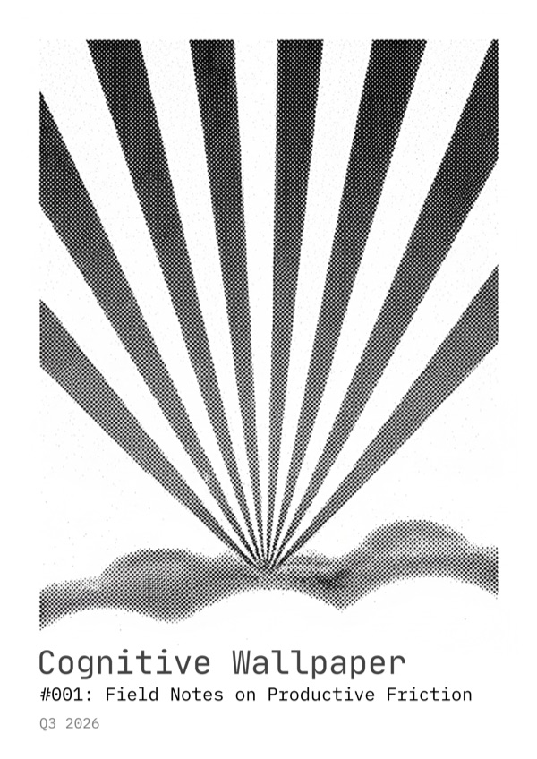 Cover of Cognitive Wallpaper issue 001, Field Notes on Productive Friction: halftone rays fanning out above a low horizon.